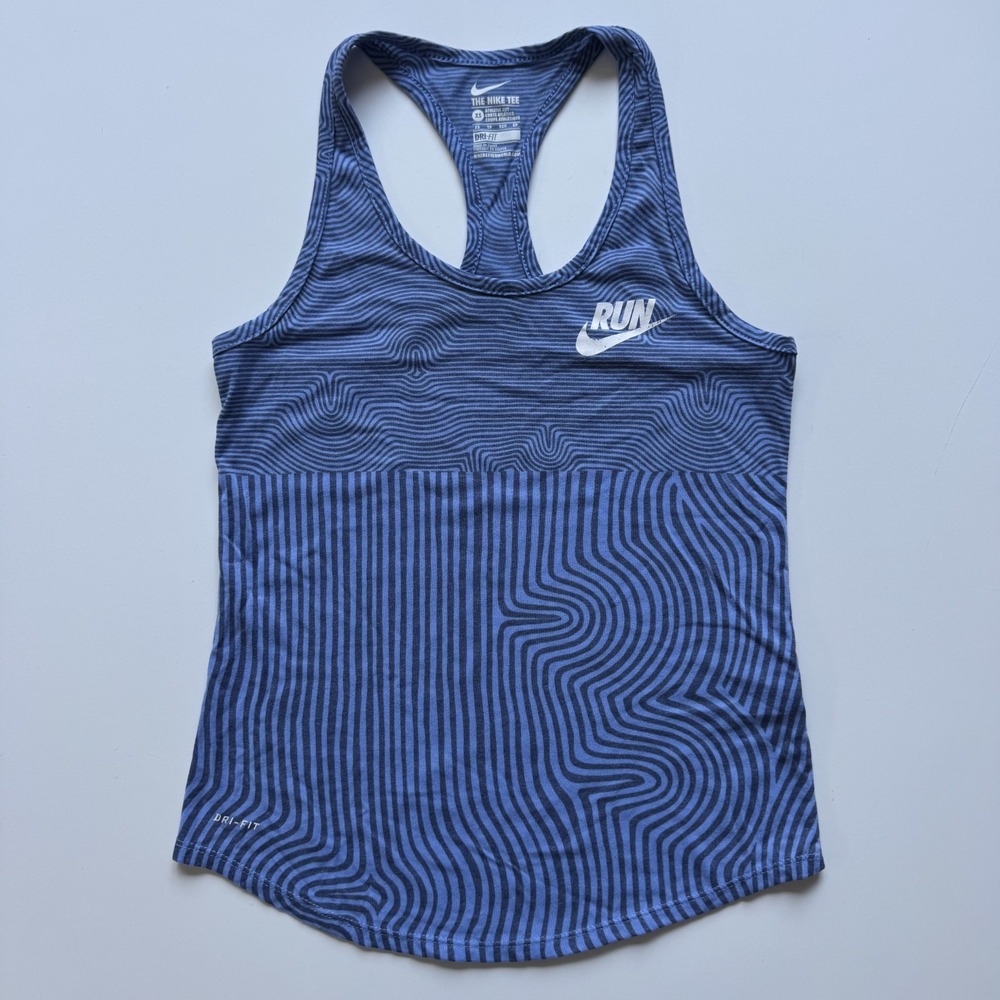 NIKE Dri-Fit Athletic Cut Run Beyond Printed Tank Top Womens XS Blue Curved Hem‎